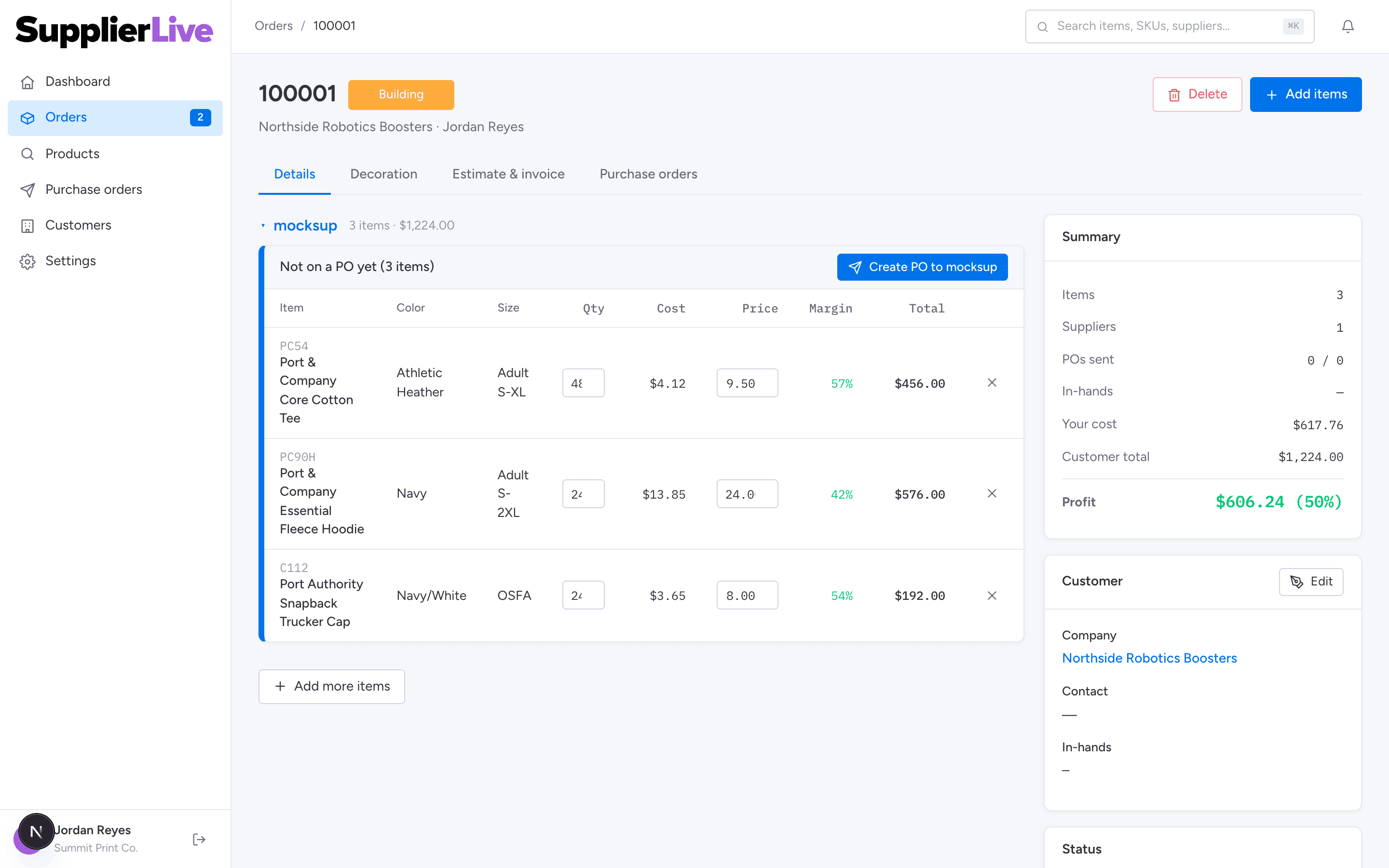 An order in supplierlive showing line items with cost, customer price, margin per line, and total profit